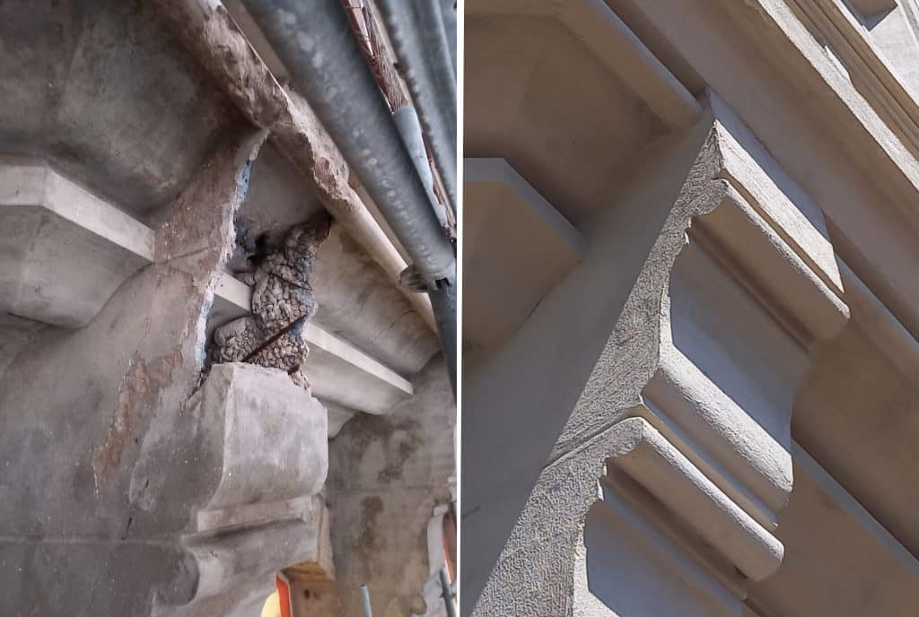 ravalement de façade, photo montage d'une restauration de moulure au mortier. À gauche : une moulure détériorée par le temps. ➟ À droite : le résultat après une intervention minutieuse. La moulure a été reconstituée à l’identique à l’aide d’un mortier spécial, puis repeinte pour retrouver tout son éclat d’origine. Le Touquet