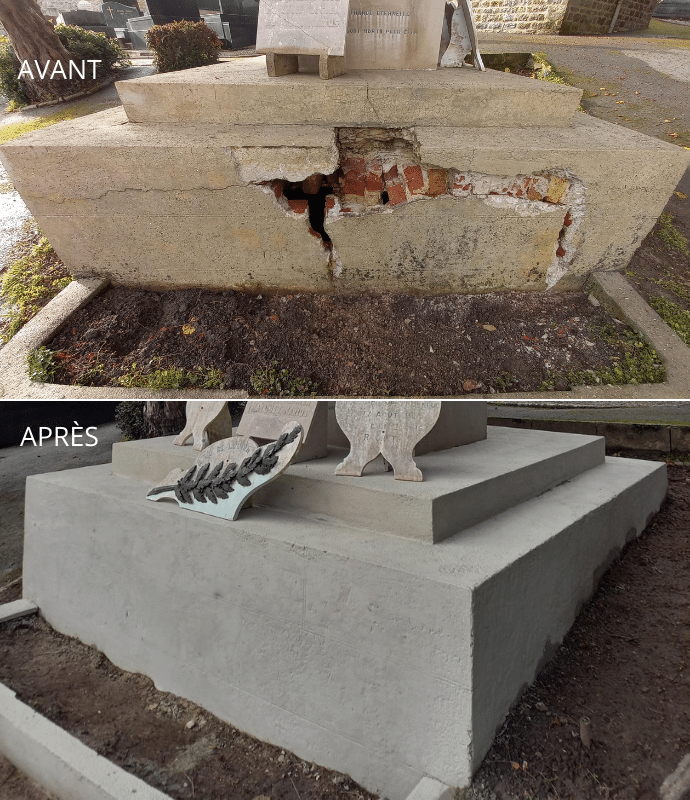 Avant / après rénovation de la base du monument aux morts d’Echinghen, Pas-de-Calais – maçonnerie traditionnelle.